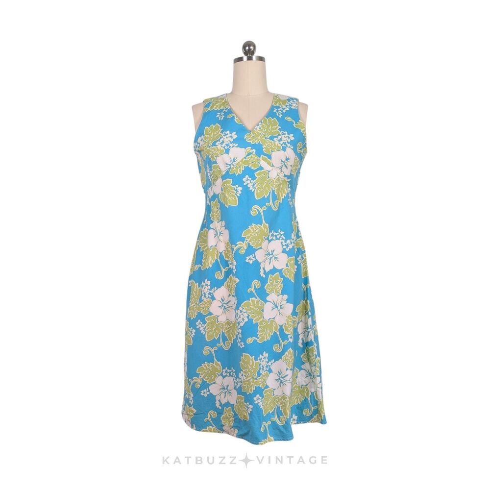 Vintage Midi Dress 10 Blue Green Y2K Floral Tropical Beach Cruise Empire Cotton